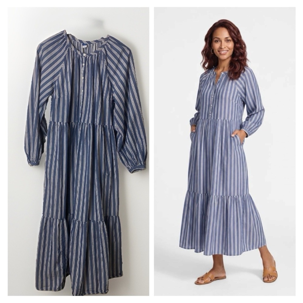 Old Navy Maxi Dress Women L Tall Blue Striped Coastal Boho Tiered Long Sleeve